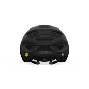 Bicycle helmet, matte black rear view with MIPS label and large ventilation