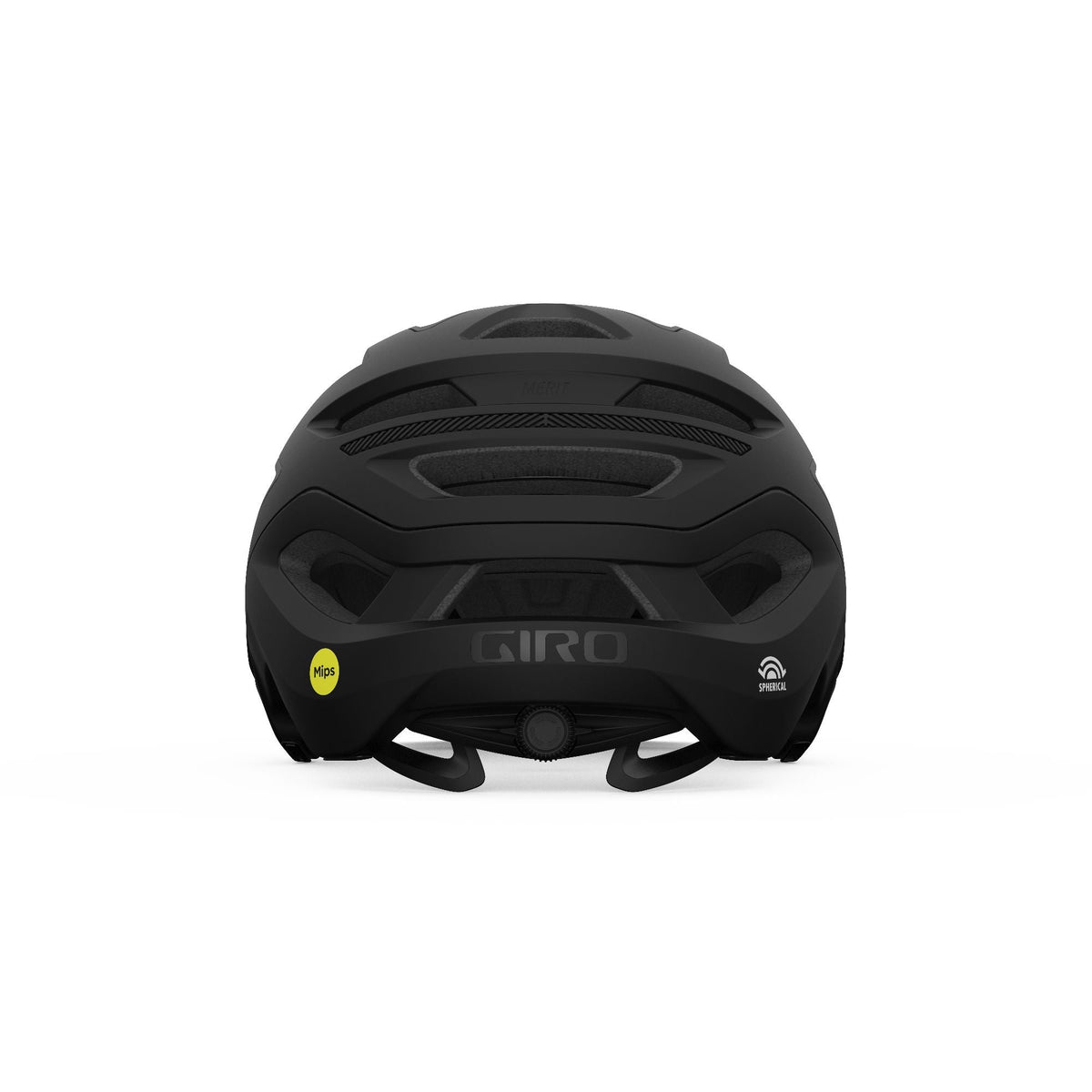 Bicycle helmet, matte black rear view with MIPS label and large ventilation