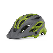 Bicycle helmet, metallic black with neon lime graphics and front vent cutouts