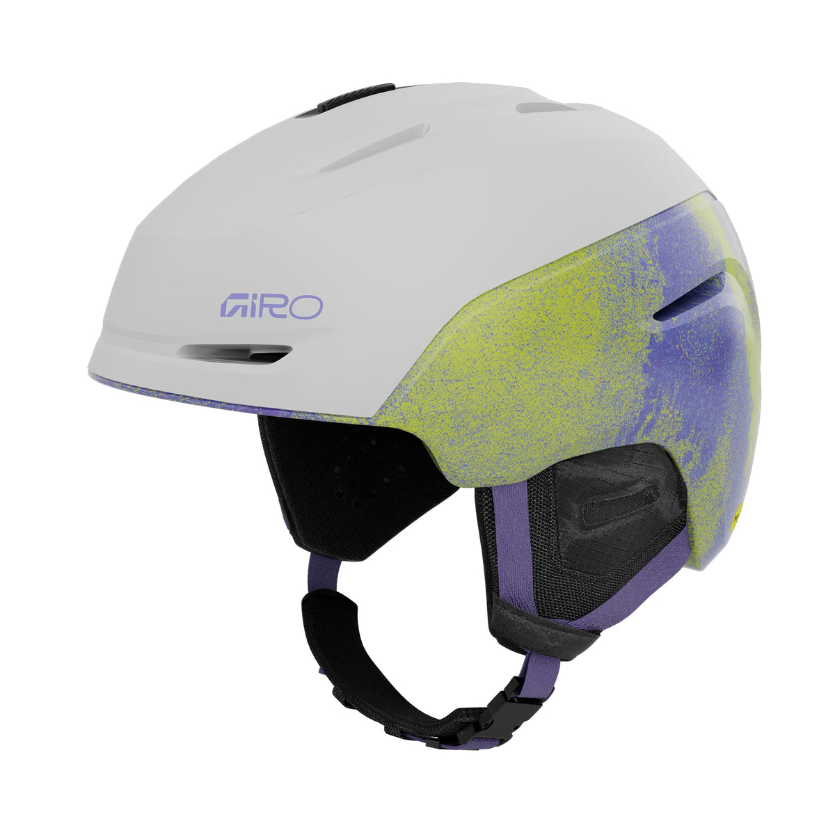 Giro Neo Jr. snow helmet, white top with neon green/blue panel, black ear pads and strap