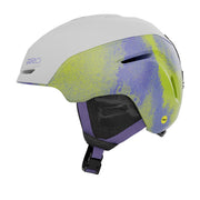 Giro Neo Jr. snow helmet, white shell with neon green/blue graphic, black chin strap