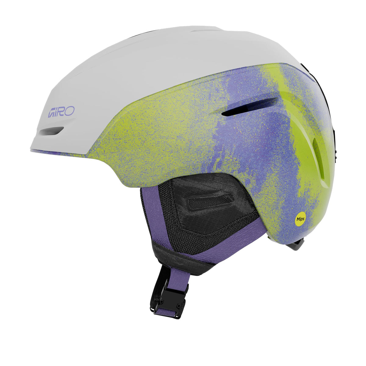 Giro Neo Jr. snow helmet, white shell with neon green/blue graphic, black chin strap