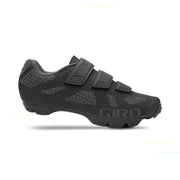 Giro women's black cycling shoe, side view, hook-and-loop straps with rugged outsole