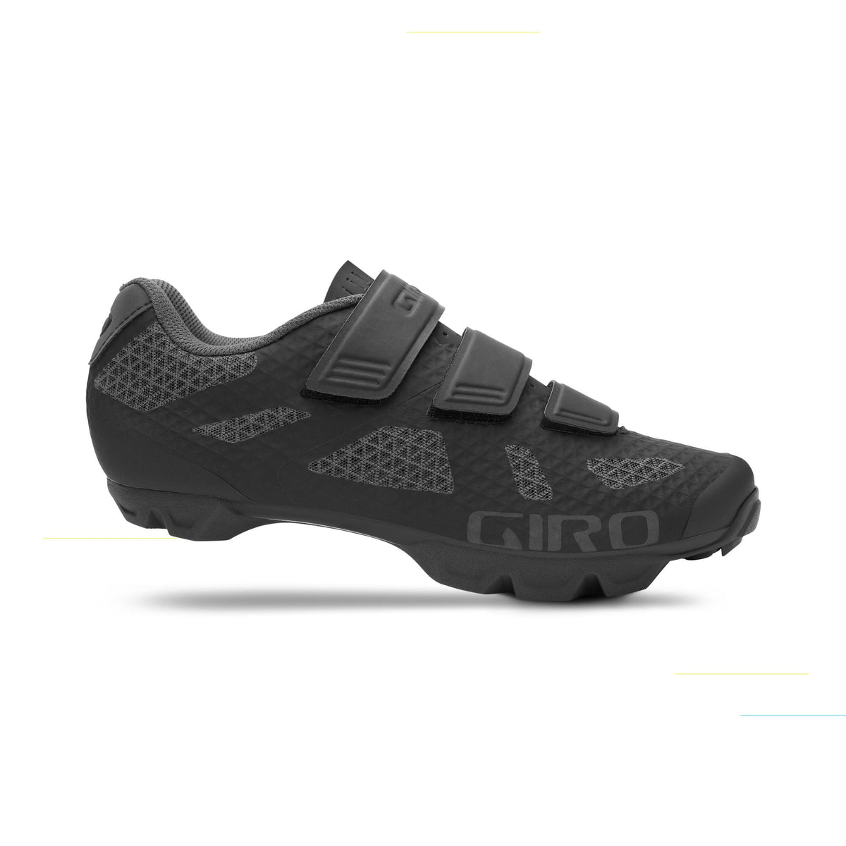Giro women's black cycling shoe, side view, hook-and-loop straps with rugged outsole