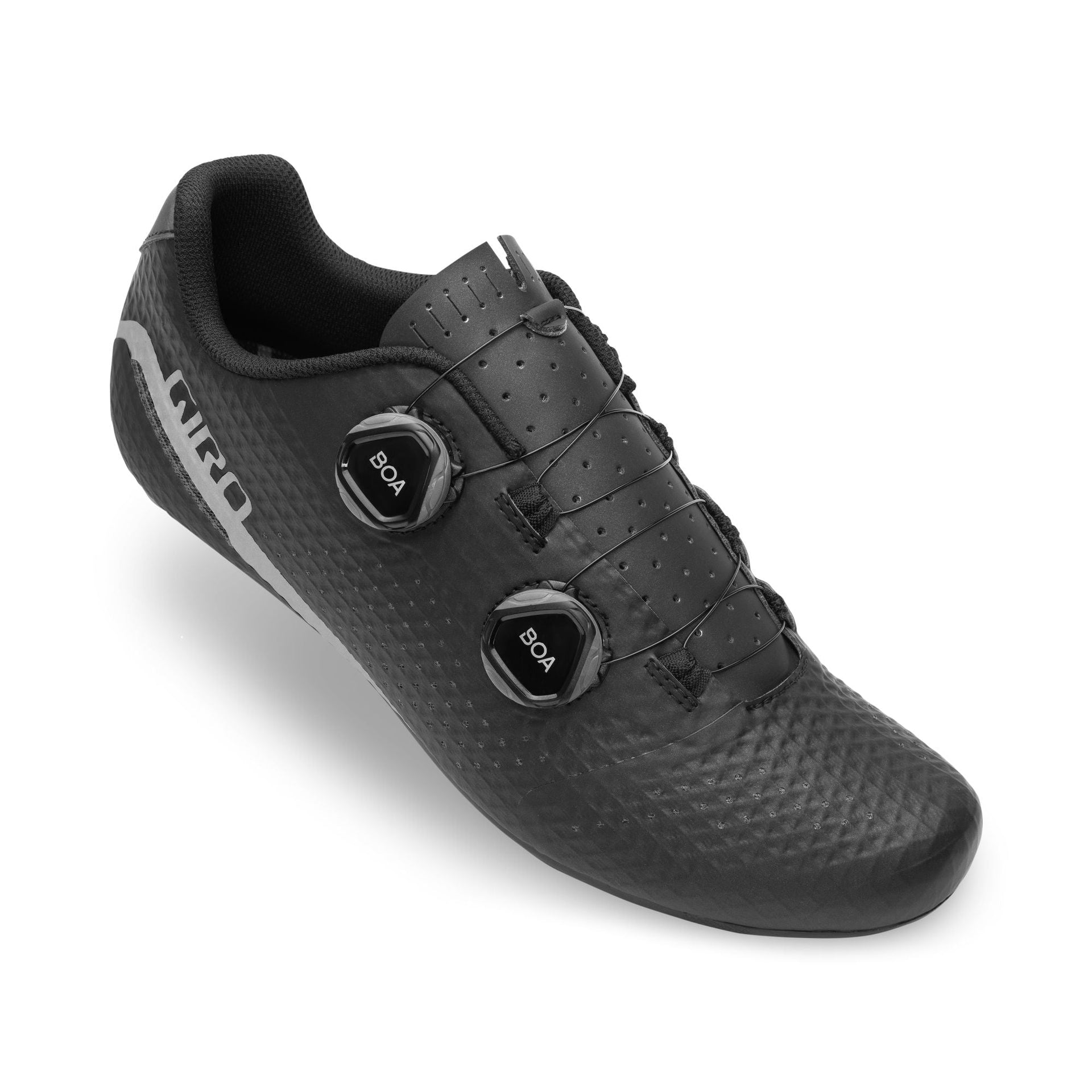 Black cycling shoe with perforated upper and two BOA dials