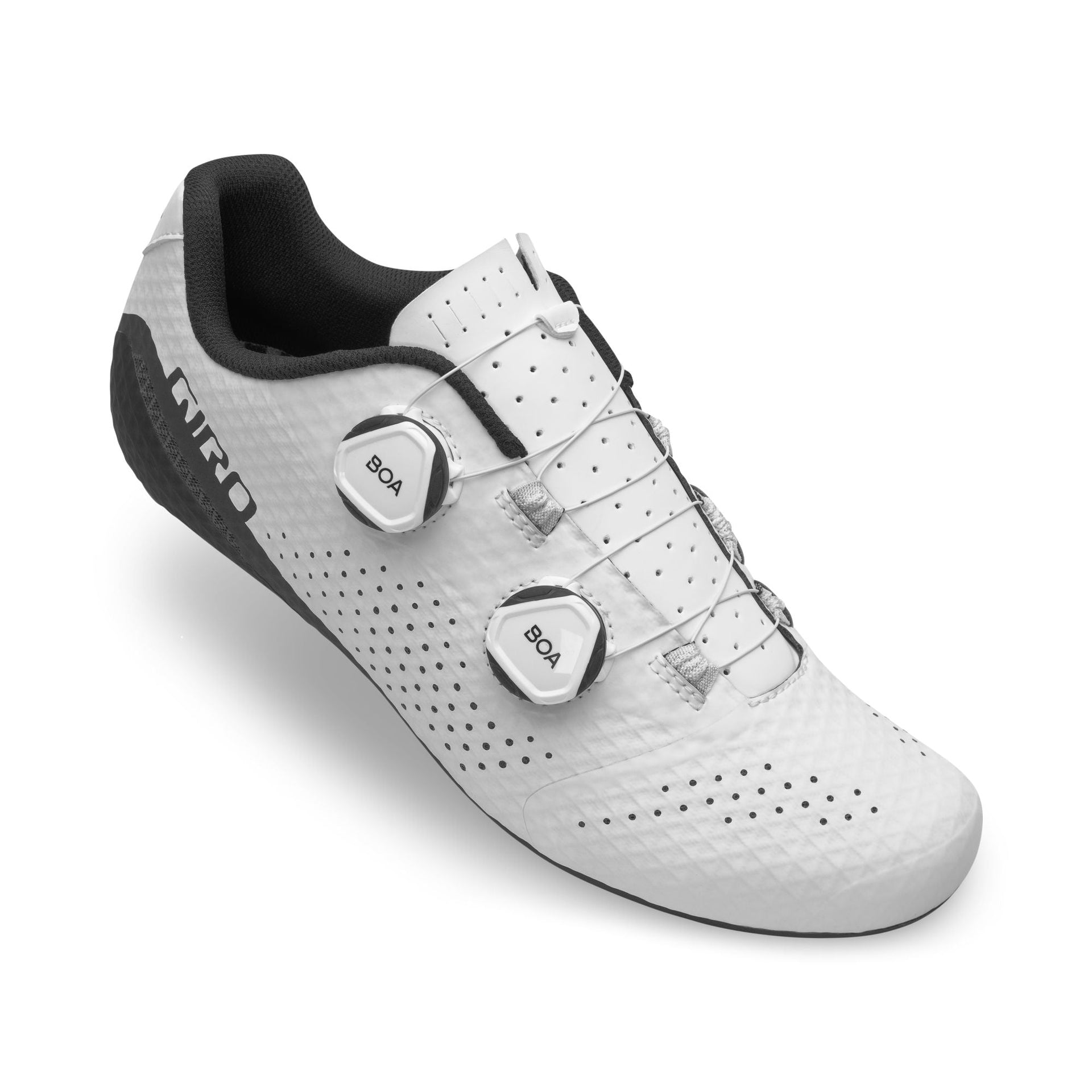 White cycling shoe with perforated upper and two BOA dials
