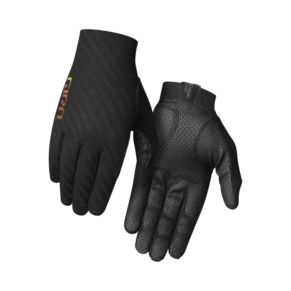 Black cycling gloves with textured back and perforated fingers, secure wrist strap