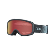 Snow goggles with black frame and red mirrored lens, GIRO logo on strap.