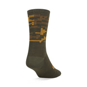 Merino wool crew sock, trail green camo with brown and orange pixel pattern