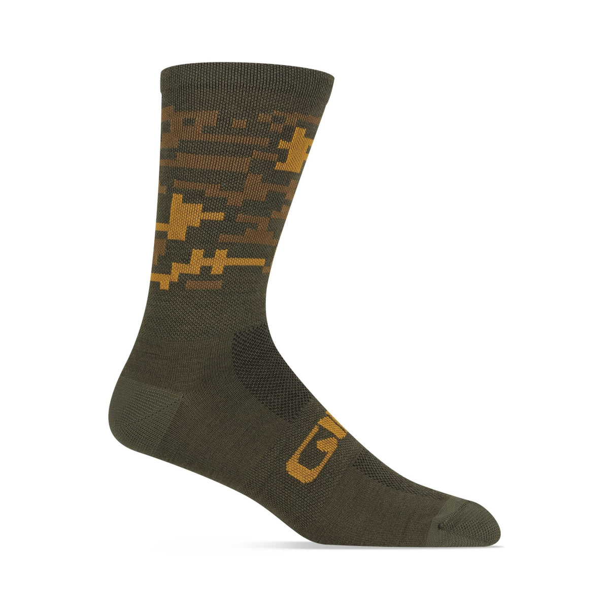 Merino wool crew sock, trail green camo with brown/orange pattern and logo patch