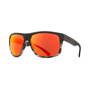 Giro Stark sunglasses, angled view, matte black frame with orange mirrored lenses