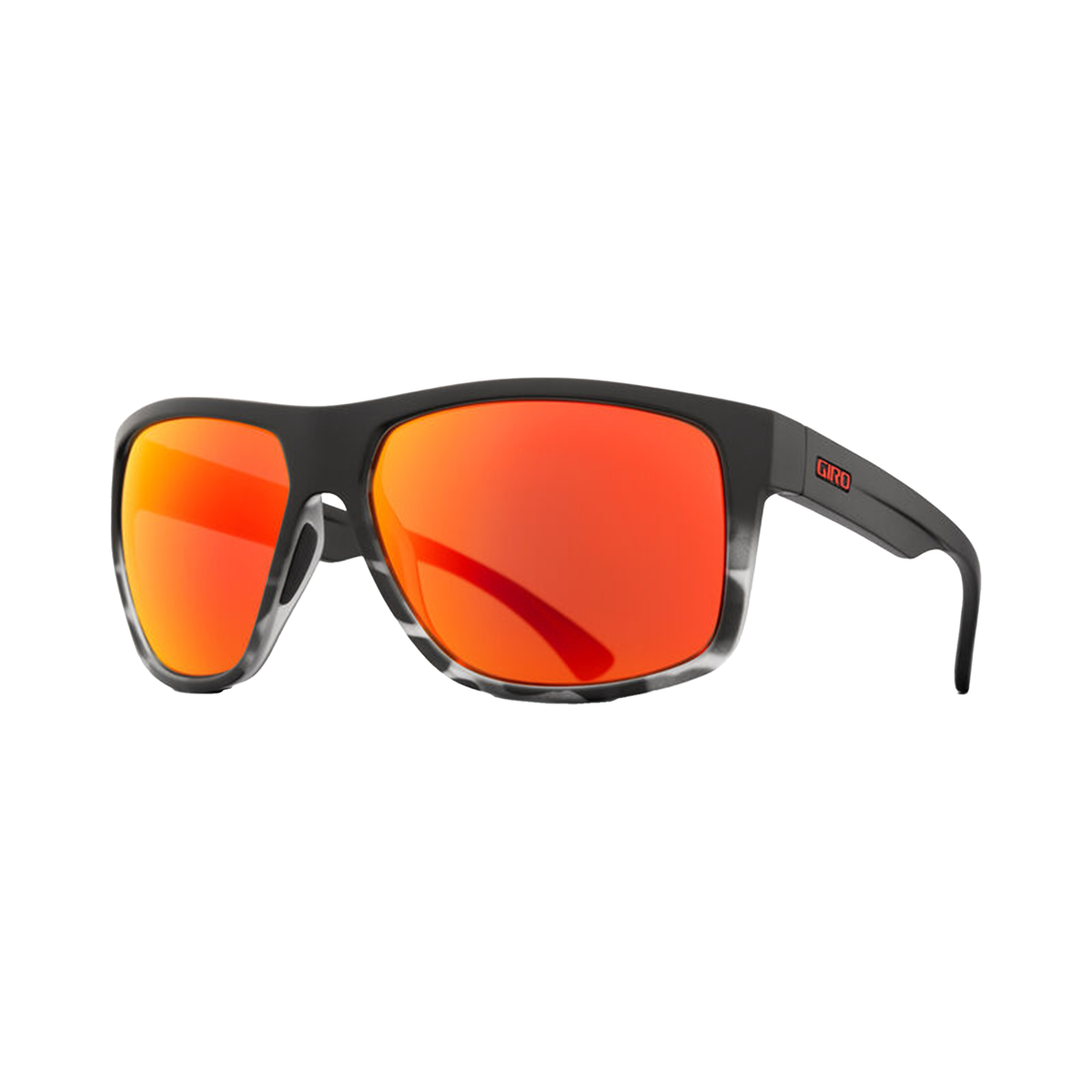 Giro Stark sunglasses, angled view, matte black frame with orange mirrored lenses