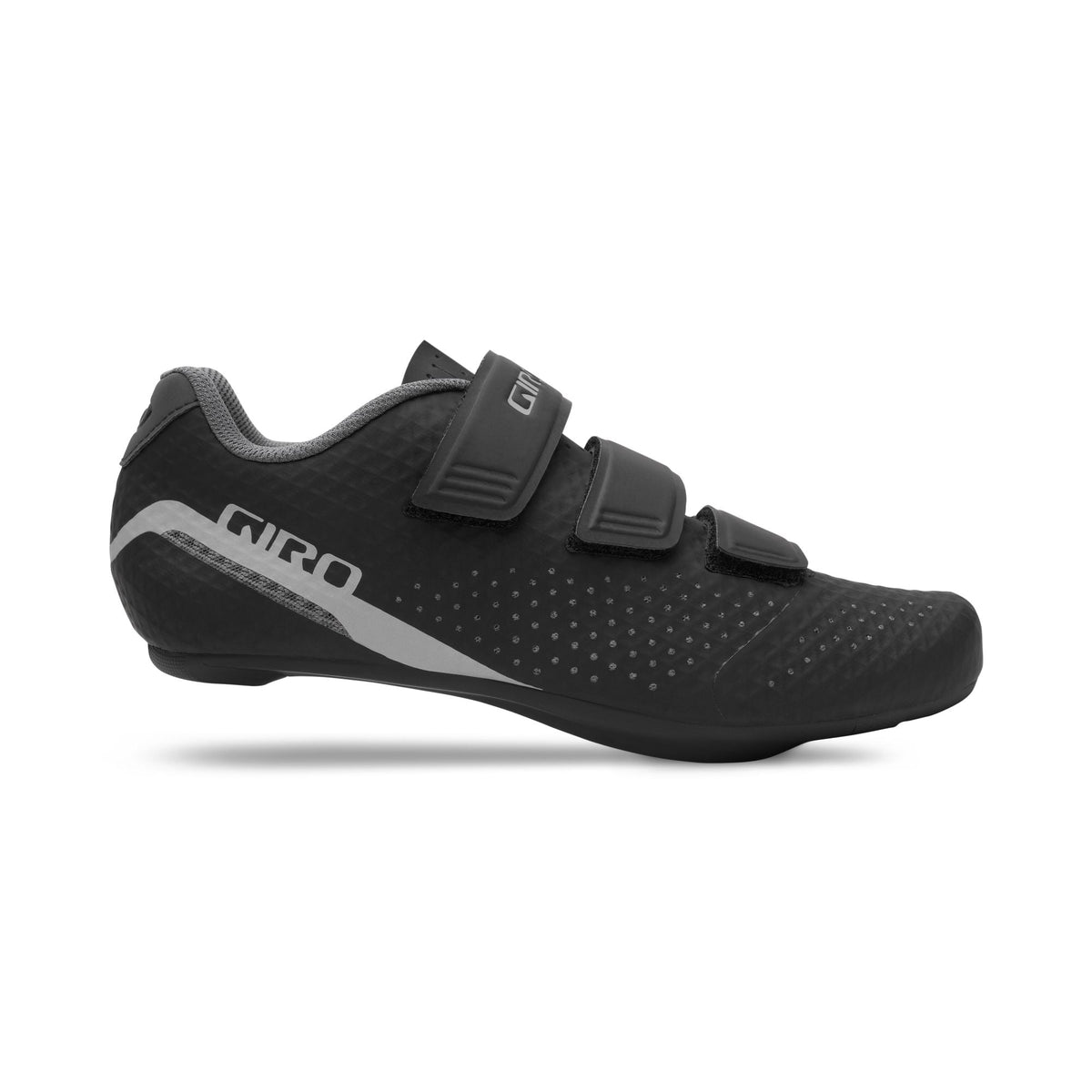 Women's cycling shoe, black mesh upper with three hook-and-loop straps and side logo