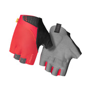 Pair of cycling gloves, bright red and dark gray, padded knuckles and open fingers