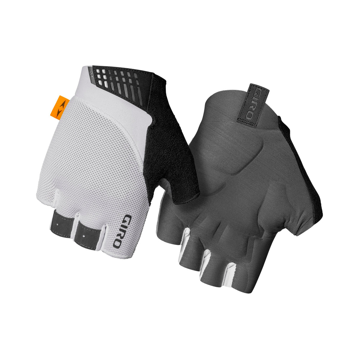 Pair of cycling gloves, white and dark gray, padded knuckles and open fingers