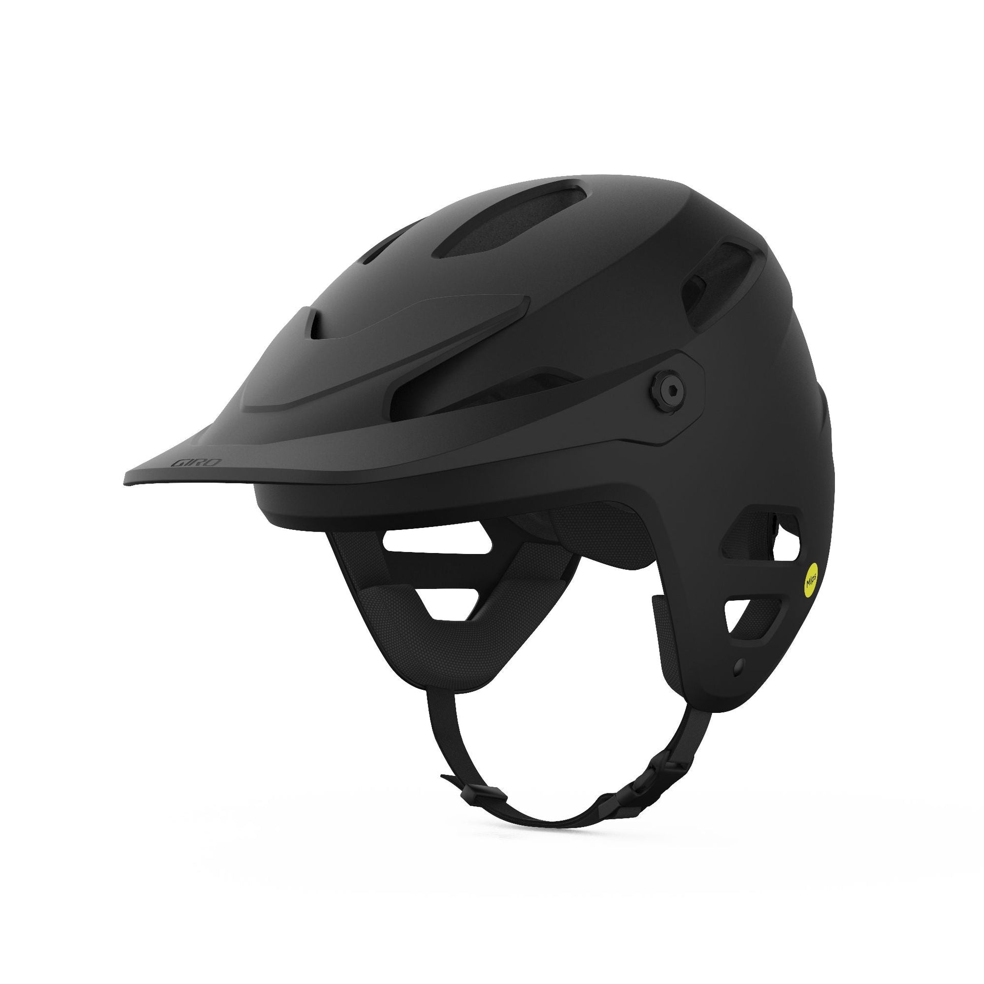 Matte black bike helmet with vents, chin strap, and side openings