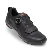Black cycling shoe with BOA dial and hook-and-loop strap, textured upper