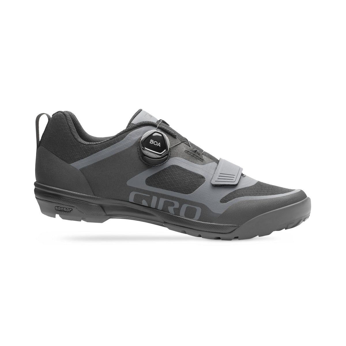 Gray cycling shoe with BOA dial and hook-and-loop strap, molded side panels