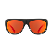 Matte black sunglasses with bright orange mirrored lenses and thick sport frame