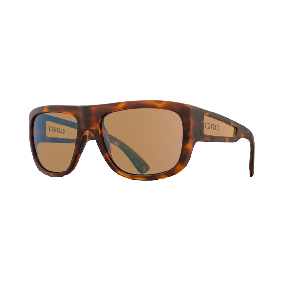 Matte tortoise sunglasses with bronze mirrored lenses and curved wraparound frame