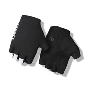 Black road cycling gloves with padded knuckle area and logo at cuff