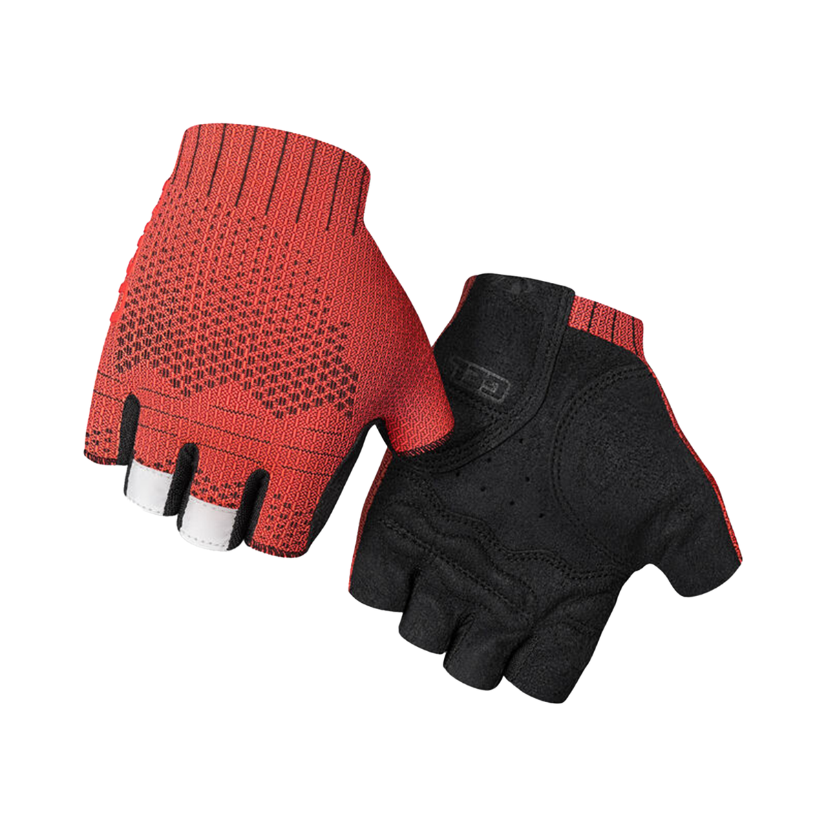 Red and black cycling road gloves with ribbed mesh back and cushioned black palm