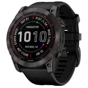 Black rugged GPS smartwatch with round display and black silicone band