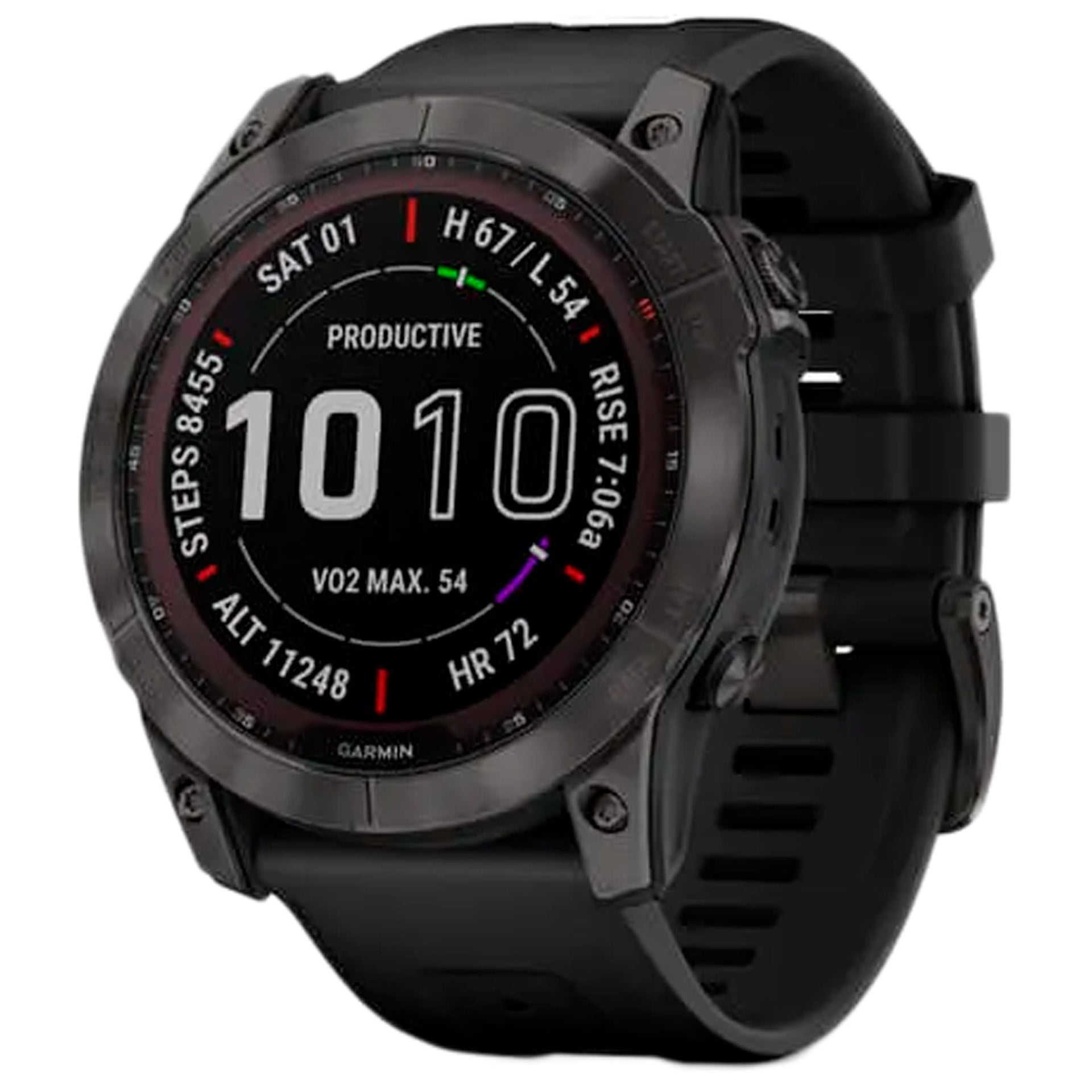 Black rugged GPS smartwatch with round display and black silicone band