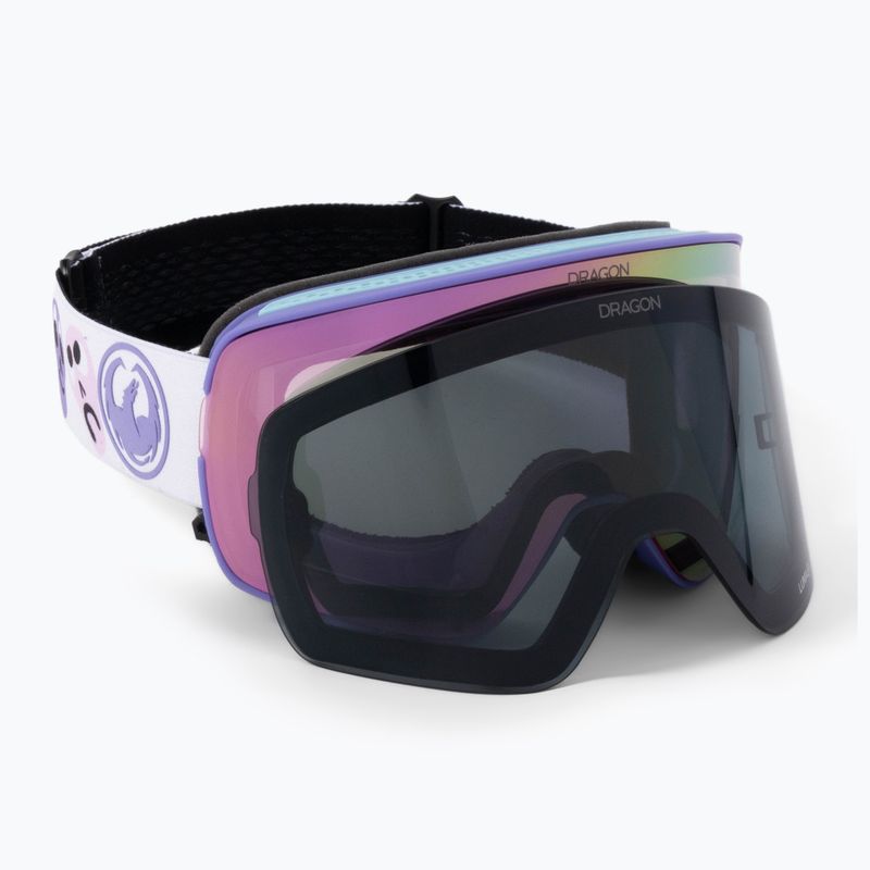 Snow goggles with purple frame, dark mirrored lens, and black adjustable strap