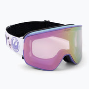 Snow goggles with purple frame, pink mirrored lens, and black adjustable strap