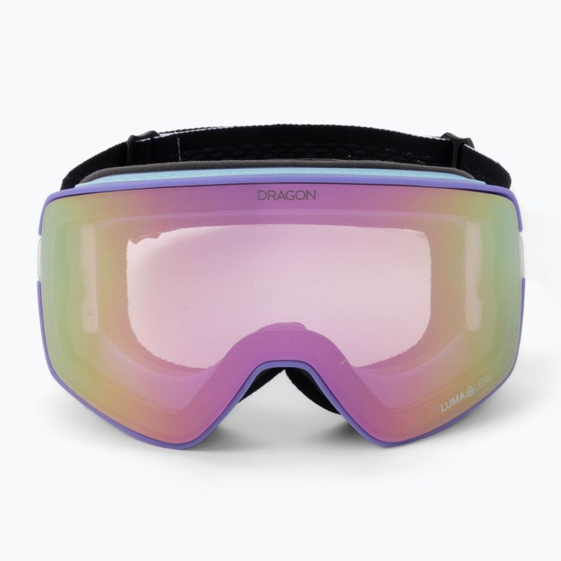 Snow goggles with purple frame and iridescent mirrored lens, black strap
