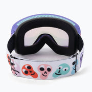 Snow goggles with black foam padding and colorful face-pattern strap