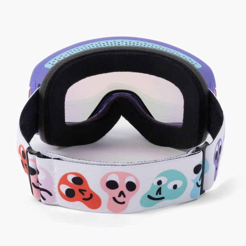 Snow goggles with black foam padding and colorful face-pattern strap