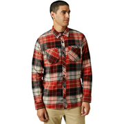 Men's utility flannel shirt in red and black plaid with button front and chest pockets