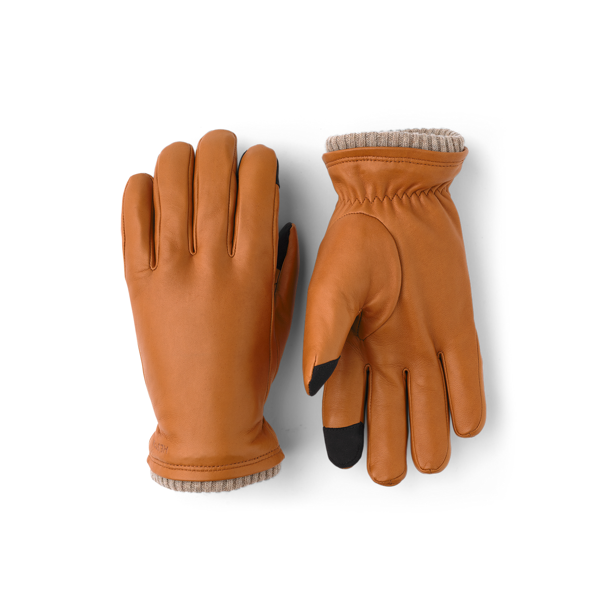Cork brown winter gloves with knit cuffs and leather palm, stitched seams