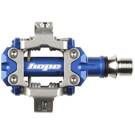 Hope Union RC bike pedals, blue aluminum with metal cage and threaded axle