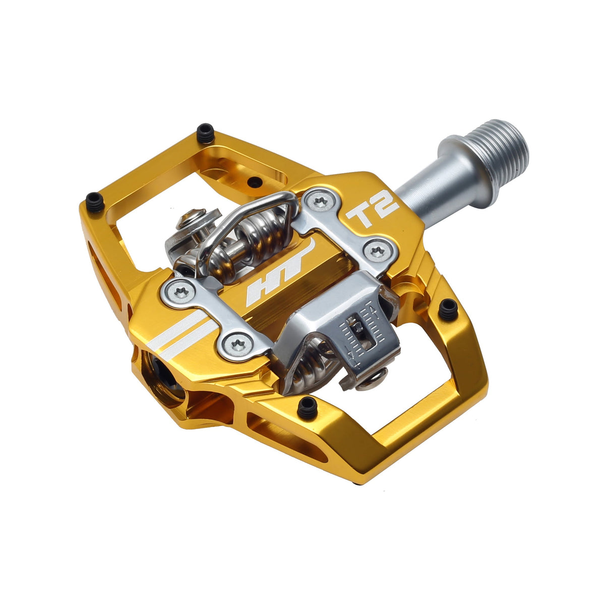 Gold T2 clipless platform bike pedals with dual-sided steel pins