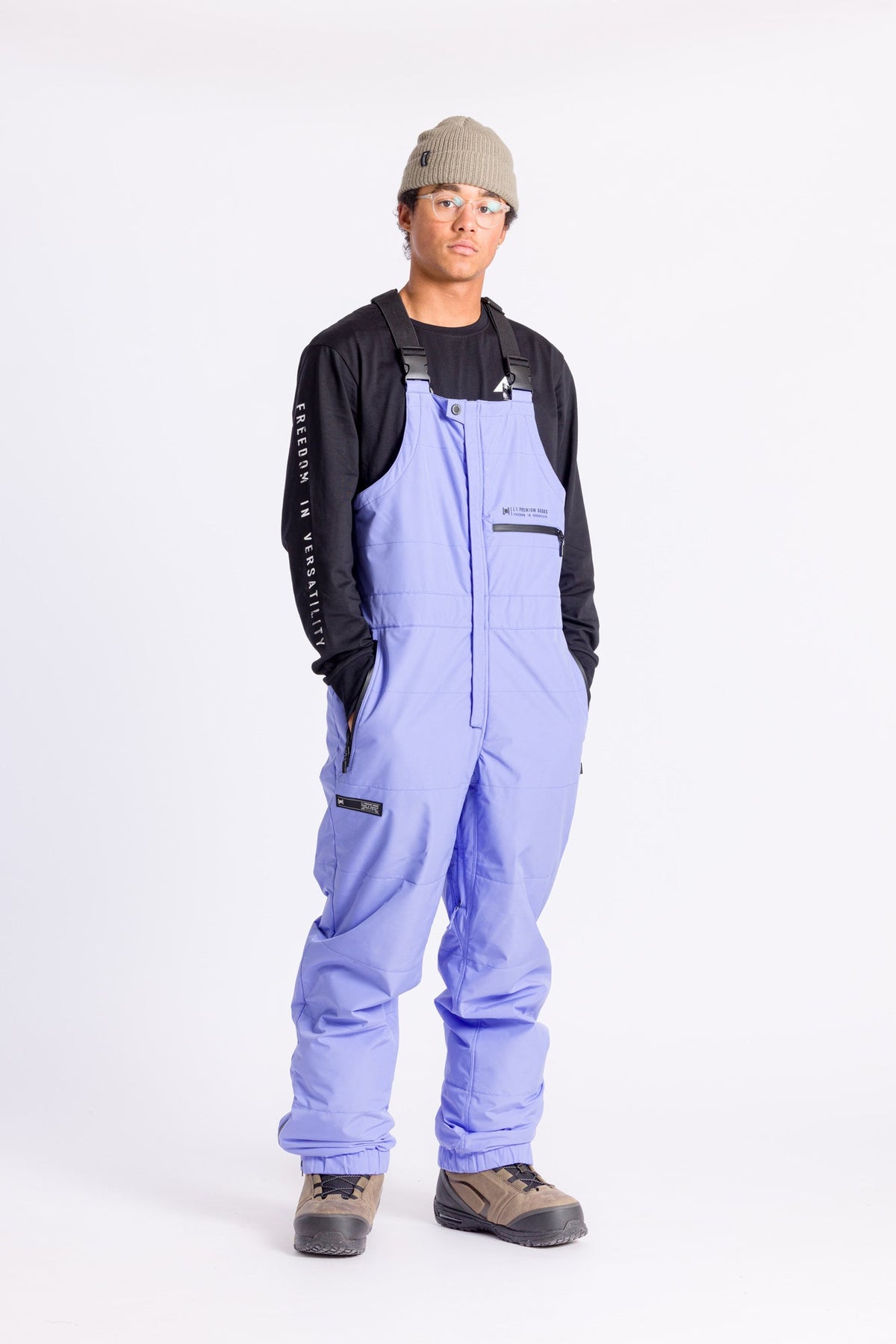 Men's ultraviolate ski bib overalls with front straps and wide leg pants
