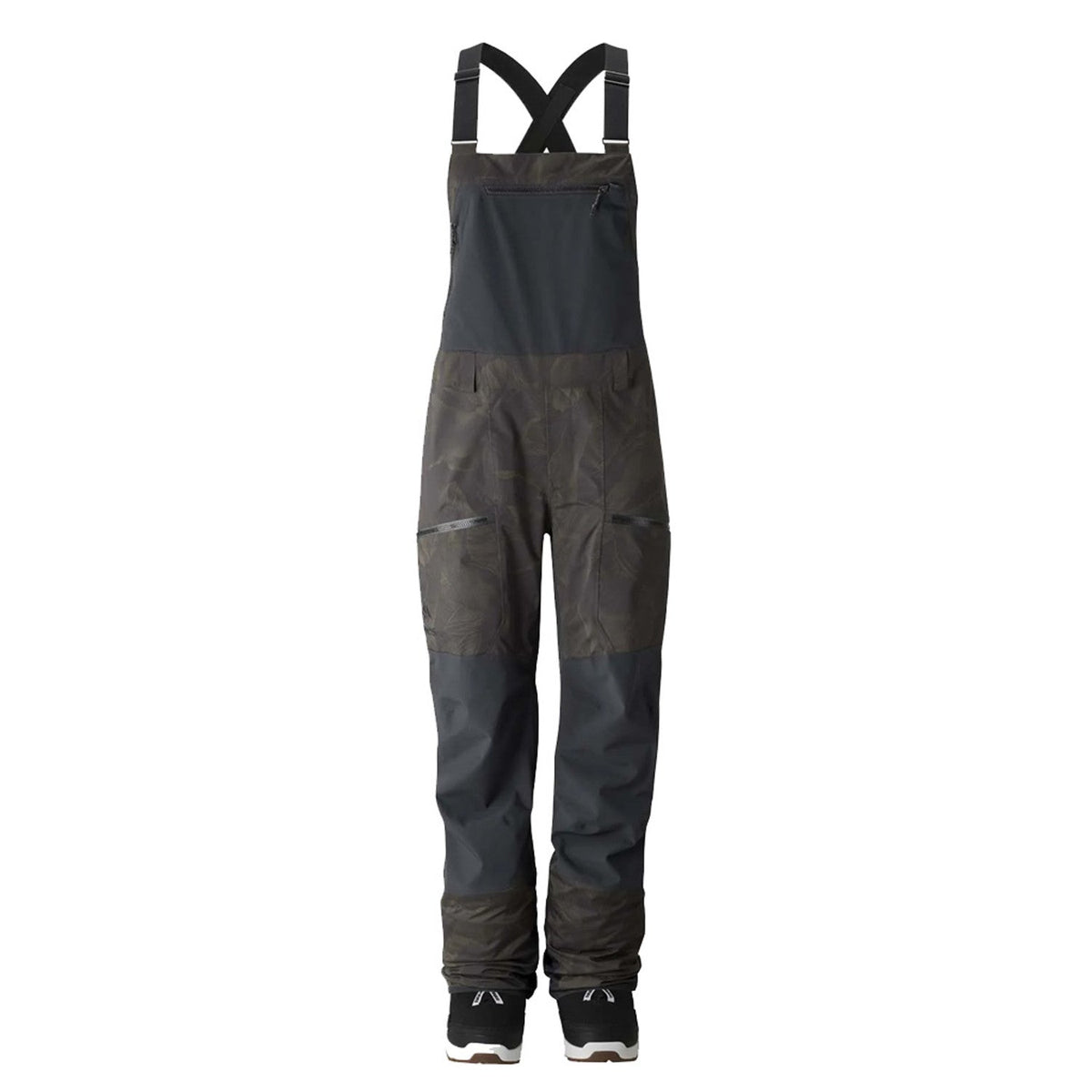 Women’s mountain surf bib overalls in dark gray with X-back adjustable straps and full-length legs