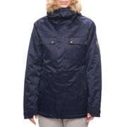 Women’s insulated jacket with navy shell, fur-trimmed hood, and snap front pockets