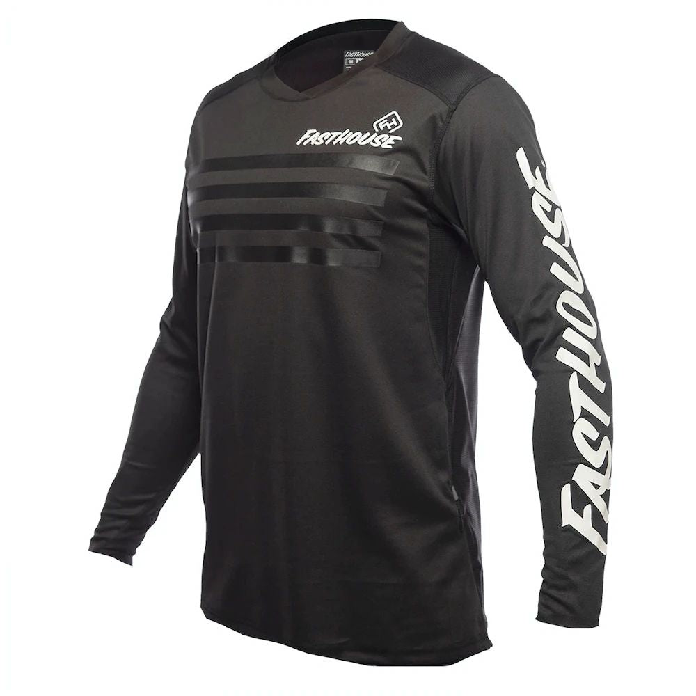 Black long-sleeve cycling jersey with gray horizontal stripe bands and Fasthouse logo