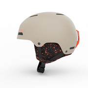 Giro youth ski helmet, matte stone side view with patterned ear pads and chin strap