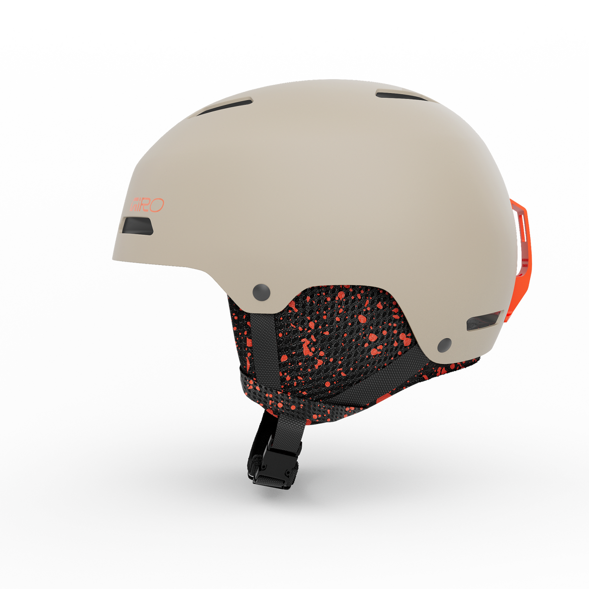 Giro youth ski helmet, matte stone side view with patterned ear pads and chin strap