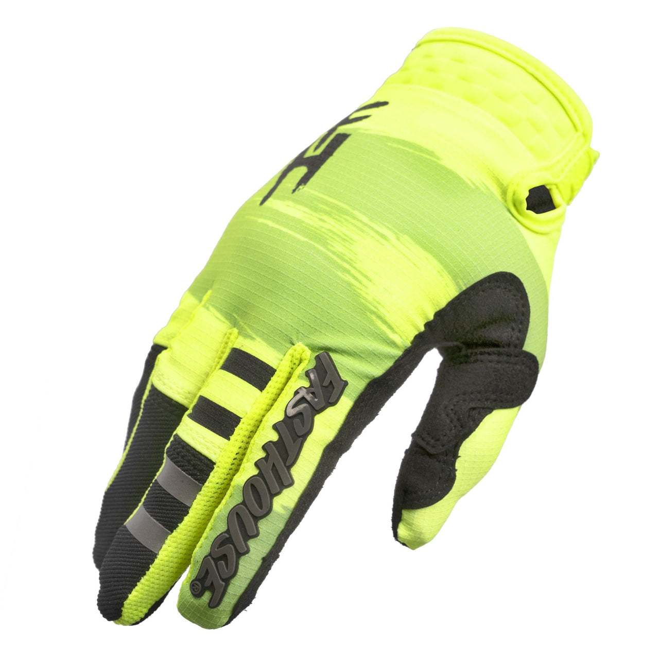 Neon yellow-green motorcycle riding glove with black accents and padded knuckles