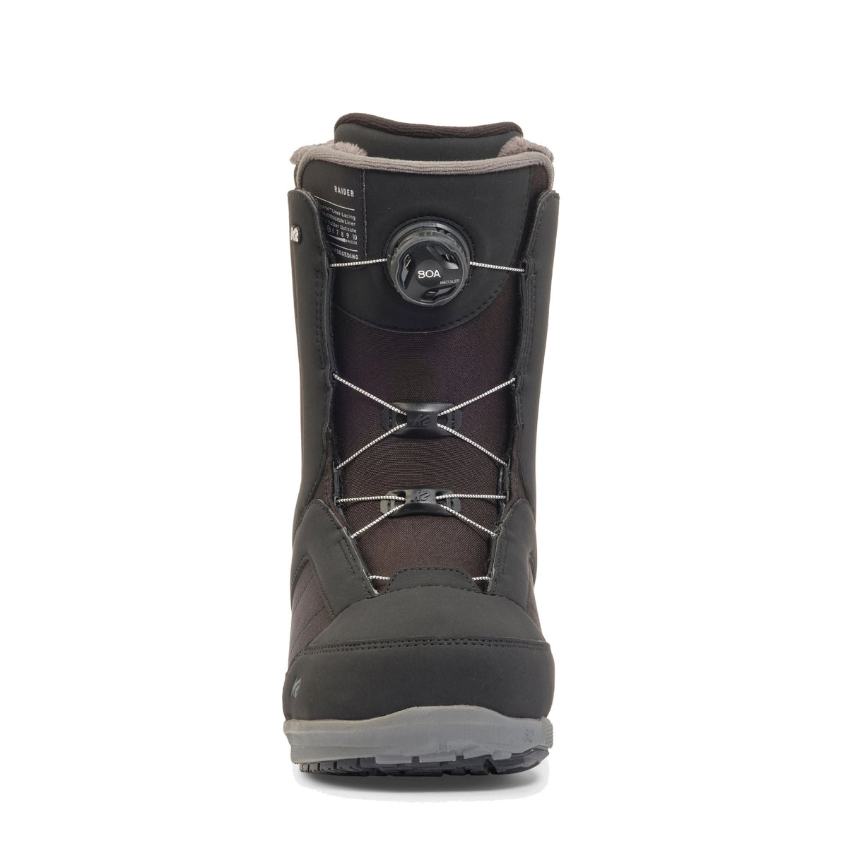 Black snowboarding boot with BOA dial, lace harness, and padded cuff