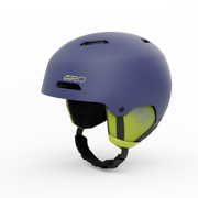 Giro youth ski helmet, matte blue with neon green inner lining and chin strap