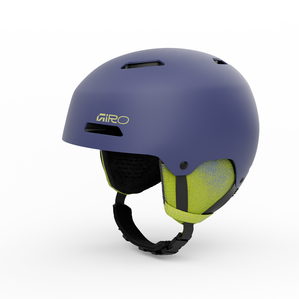 Giro youth ski helmet, matte blue with neon green inner lining and chin strap