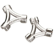 Silver-toned metal bicycle accessory clips with mounting holes and ridged ends