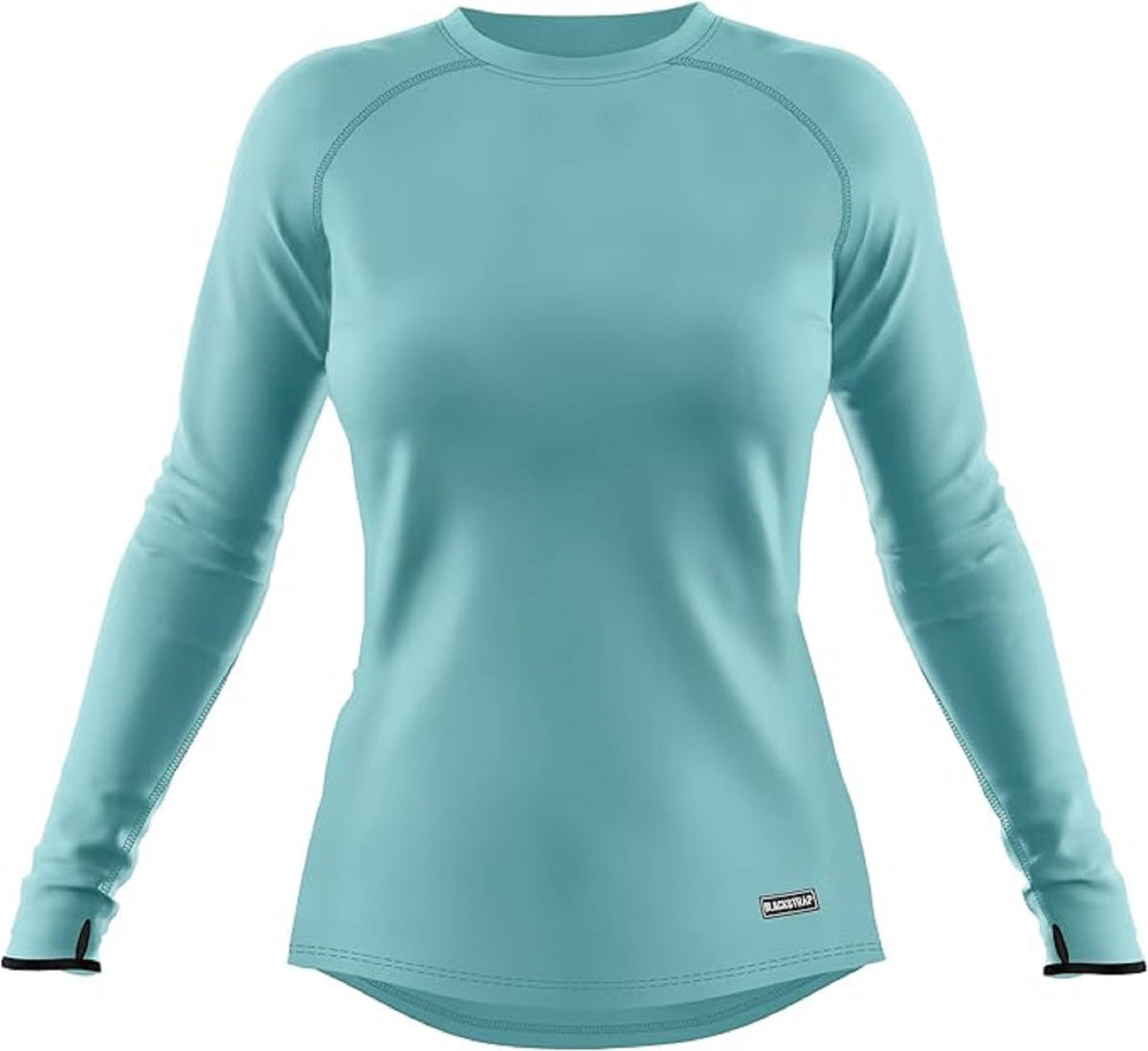 Women's teal long-sleeve crew UV sun shirt with thumb loops and curved hem