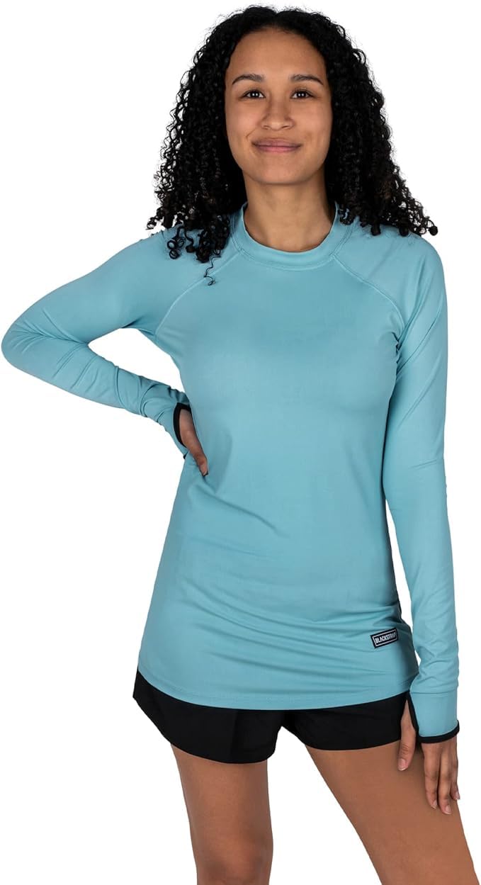 Women's teal long-sleeve crew UV sun shirt, fitted fit, thumb loops
